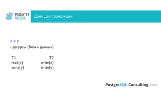 PGDAY’14
RUSSIA
PGDAY’14
RUSSIA Дано две транзакции
x и y
- ресурсы (блоки данных)
T1 T2
read(x) write(x)
write(y) write(y)
 