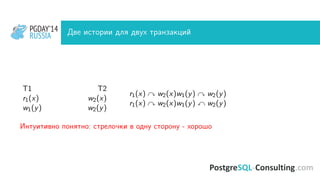 PGDAY’14
RUSSIA
PGDAY’14
RUSSIA Две истории для двух транзакций
T1 T2
r1(x) w2(x)
w1(y) w2(y)
r1(x) w2(x)w1(y) w2(y)
r1(x) w2(x)w1(y) w2(y)
Интуитивно понятно: стрелочки в одну сторону - хорошо
 
