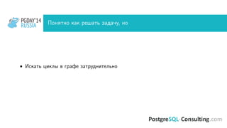 PGDAY’14
RUSSIA
PGDAY’14
RUSSIA Понятно как решать задачу, но
• Искать циклы в графе затруднительно
 