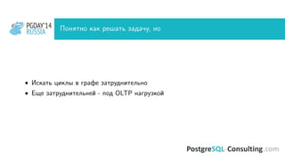 PGDAY’14
RUSSIA
PGDAY’14
RUSSIA Понятно как решать задачу, но
• Искать циклы в графе затруднительно
• Еще затруднительней - под OLTP нагрузкой
 
