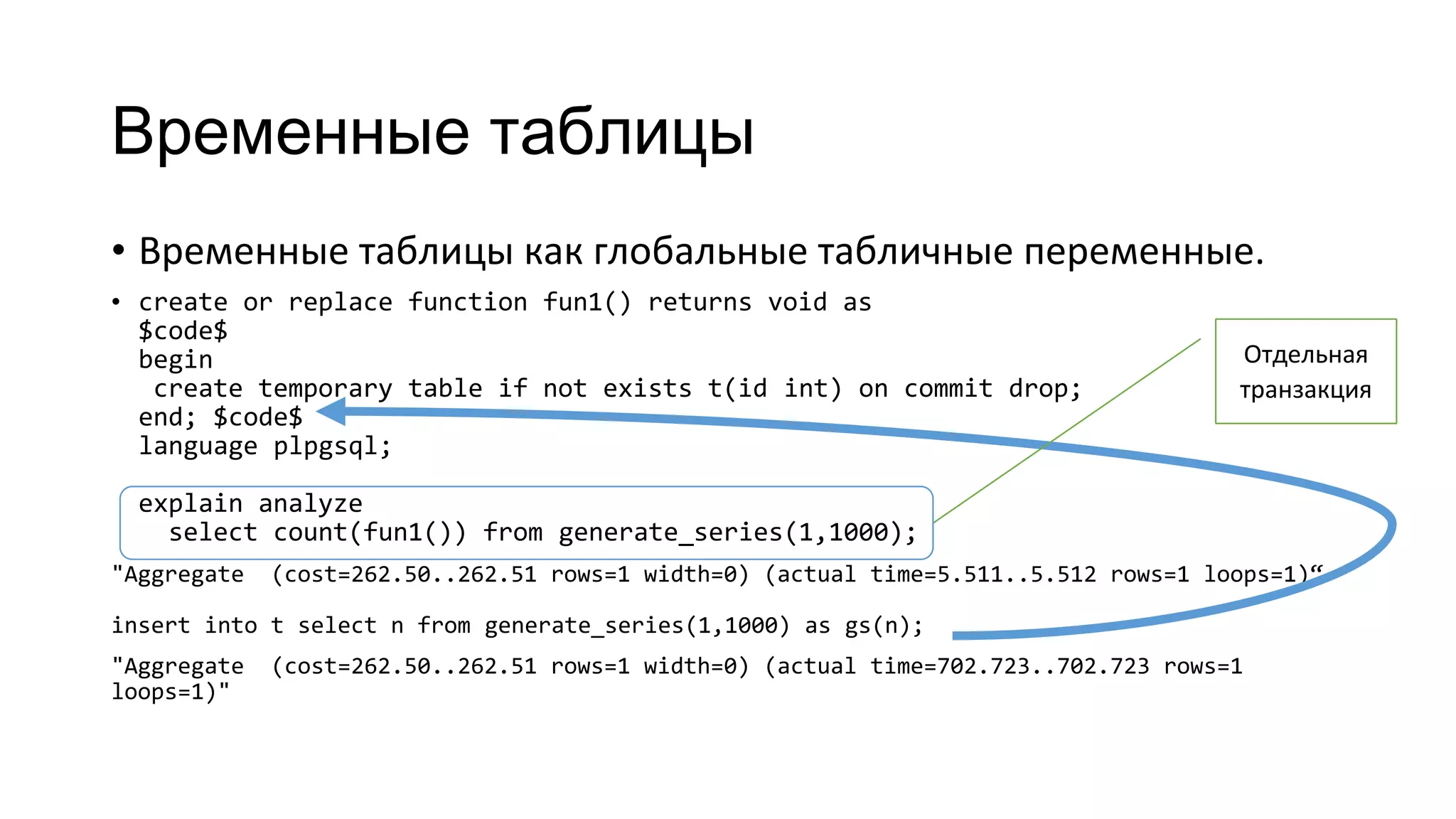 Временные таблицы
• Временные таблицы как глобальные табличные переменные.
• create or replace function fun1() returns void as
$code$
begin
create temporary table if not exists t(id int) on commit drop;
end; $code$
language plpgsql;
explain analyze
select count(fun1()) from generate_series(1,1000);
"Aggregate (cost=262.50..262.51 rows=1 width=0) (actual time=5.511..5.512 rows=1 loops=1)“
insert into t select n from generate_series(1,1000) as gs(n);
"Aggregate (cost=262.50..262.51 rows=1 width=0) (actual time=702.723..702.723 rows=1
loops=1)"
Отдельная
транзакция
 