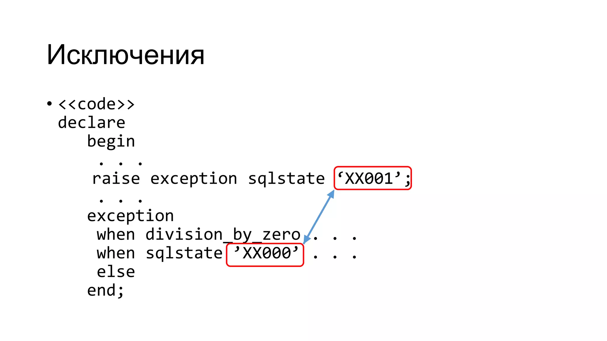 Исключения
• <<code>>
declare
begin
. . .
raise exception sqlstate ‘XX001’;
. . .
exception
when division_by_zero . . .
when sqlstate ’XX000’ . . .
else
end;
 