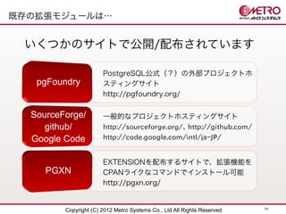 既存の拡張モジュールは…


 いくつかのサイトで公開/配布されています

                       PostgreSQL公式（？）の外部プロジェクトホ
   pgFoundry           スティングサイト
                       http://pgfoundry.org/

  SourceForge/         一般的なプロジェクトホスティングサイト
     github/           http://sourceforge.org/、http://github.com/
  Google Code          http://code.google.com/intl/ja-JP/


                       EXTENSIONを配布するサイトで、拡張機能を
     PGXN              CPANライクなコマンドでインストール可能
                       http://pgxn.org/


                                                                         14
         Copyright (C) 2012 Metro Systems Co., Ltd All Rights Reserved
 