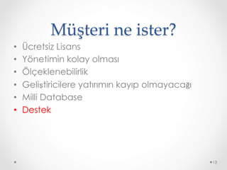 Müşteri ne ister?	
•  Ücretsiz Lisans
•  Yönetimin kolay olması
•  Ölçeklenebilirlik
•  Geliştiricilere yatırımın kayıp olmayacağı
•  Milli Database
•  Destek
13
 