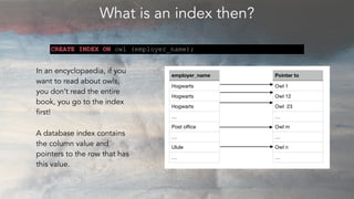 What is an index then?
In an encyclopaedia, if you
want to read about owls,
you don’t read the entire
book, you go to the ...