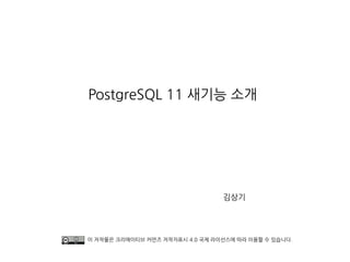 PostgreSQL 11 새기능 소개
김상기
이 저작물은 크리에이티브 커먼즈 저작자표시 4.0 국제 라이선스에 따라 이용할 수 있습니다.
 