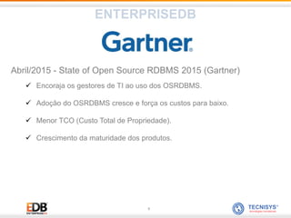 5
Abril/2015 - State of Open Source RDBMS 2015 (Gartner)
 Encoraja os gestores de TI ao uso dos OSRDBMS.
 Adoção do OSRDBMS cresce e força os custos para baixo.
 Menor TCO (Custo Total de Propriedade).
 Crescimento da maturidade dos produtos.
ENTERPRISEDB
 
