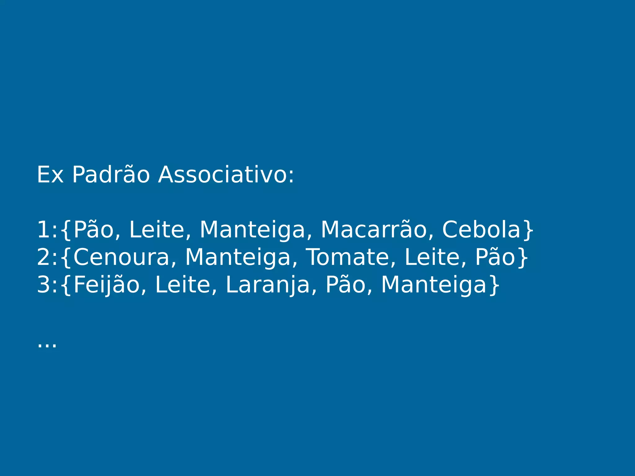 Ex Padrão Associativo:
1:{Pão, Leite, Manteiga, Macarrão, Cebola}
2:{Cenoura, Manteiga, Tomate, Leite, Pão}
3:{Feijão, Leite, Laranja, Pão, Manteiga}
...
 