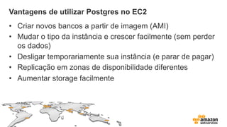 Vantagens de utilizar Postgres no EC2
•  Criar novos bancos a partir de imagem (AMI)
•  Mudar o tipo da instância e crescer facilmente (sem perder
os dados)
•  Desligar temporariamente sua instância (e parar de pagar)
•  Replicação em zonas de disponibilidade diferentes
•  Aumentar storage facilmente
 