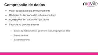Compressão de dados
● Maior capacidade de armazenamento
● Redução do tamanho das leituras em disco
● Agregações em dados compactados
● Impacto no processamento
○ Bancos de dados analíticos geralmente possuem gargalo de disco
○ Poucos usuários
○ Baixa concorrência
 