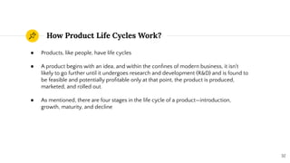 How Product Life Cycles Work?
32
● Products, like people, have life cycles
● A product begins with an idea, and within the conﬁnes of modern business, it isn't
likely to go further until it undergoes research and development (R&D) and is found to
be feasible and potentially proﬁtable only at that point, the product is produced,
marketed, and rolled out.
● As mentioned, there are four stages in the life cycle of a product—introduction,
growth, maturity, and decline
 