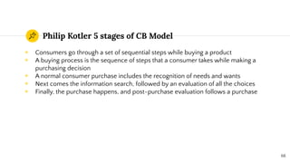 Philip Kotler 5 stages of CB Model
◉ Consumers go through a set of sequential steps while buying a product
◉ A buying process is the sequence of steps that a consumer takes while making a
purchasing decision
◉ A normal consumer purchase includes the recognition of needs and wants
◉ Next comes the information search, followed by an evaluation of all the choices
◉ Finally, the purchase happens, and post-purchase evaluation follows a purchase
68
 
