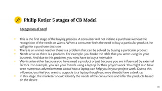 Philip Kotler 5 stages of CB Model
Recognition of need
◉ This is the ﬁrst stage of the buying process. A consumer will not initiate a purchase without the
recognition of the needs or wants. When a consumer feels the need to buy a particular product, he
will go for a purchase decision
◉ There is an unmet need or there is a problem that can be solved by buying a particular product
◉ Needs arise as there is a problem. For example, you broke the table that you were using for your
business. And due to this problem, you now have to buy a new table
◉ Wants arise either because you have need a product or just because you are inﬂuenced by external
factors. For example, you see your friends using a laptop for their project work. You might also have
seen numerous advertisements about how a laptop can help you in your project work. Due to this
inﬂuence, you feel you want to upgrade to a laptop though you may already have a desktop
◉ In this stage, the marketer should identify the needs of the consumers and offer the products based
on the desire
70
 