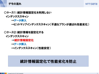 15 
Copyright © 2014 NTT DATA Corporation 
デモの流れ 
○ケース１：統計情報固定化を利用しない 
インデックススキャン 
→データ挿入 
→ビットマップインデックススキャン（不適なプランが選ばれ性能劣化） 
○ケース２：統計情報を固定化する 
インデックススキャン 
→統計情報固定化 
→データ挿入 
→インデックススキャン（性能安定） 
統計情報固定化で性能劣化を防止  