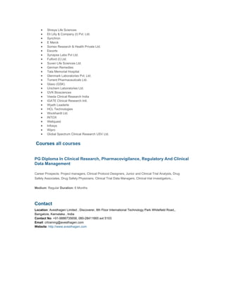 •   Shreya Life Sciences
      •   Eli Lilly & Company (I) Pvt. Ltd.
      •   Synchron
      •   E Merck
      •   Somex Research & Health Private Ltd.
      •   Escorts
      •   Synapse Labs Pvt Ltd.
      •   Fulford (I) Ltd.
      •   Suven Life Sciences Ltd.
      •   German Remedies
      •   Tata Memorial Hospital
      •   Glenmark Laboratories Pvt. Ltd.
      •   Torrent Pharmaceuticals Ltd.
      •   Glaxo (GSK)
      •   Unichem Laboratories Ltd.
      •   GVK Biosciences
      •   Veeda Clinical Research India
      •   iGATE Clinical Research Intl.
      •   Wyeth Leaderle
      •   HCL Technologies
      •   Wockhardt Ltd.
      •   INTOX
      •   Wellquest
      •   Infosys
      •   Wipro
      •   Global Spectrum Clinical Research USV Ltd.


    Courses all courses


PG Diploma In Clinical Research, Pharmacovigilance, Regulatory And Clinical
Data Management

Career Prospects: Project managers, Clinical Protocol Designers, Junior and Clinical Trial Analysts, Drug
Safety Associates, Drug Safety Physicians, Clinical Trial Data Managers, Clinical trial investigators,..


Medium: Regular Duration: 6 Months




Contact
Location: Avesthagen Limited , Discoverer, 9th Floor International Technology Park Whitefield Road,,
Bangalore, Karnataka , India
Contact No: +91-9886735658, 080-28411665 ext 5103
Email: crtraining@avesthagen.com
Website: http://www.avesthagen.com



 
 