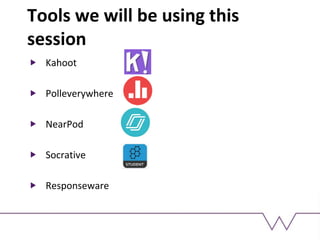 Tools we will be using this
session
Kahoot
Polleverywhere
NearPod
Socrative
Responseware
 