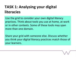 TASK 1: Analysing your digital
literacies
Use the grid to consider your own digital literacy
practices. Think about tools you use at home, at work
or in other contexts. Some of these tools may span
more than one domain.
Share your grid with someone else. Discuss whether
you think your digital literacy practices match those of
your learners.
 