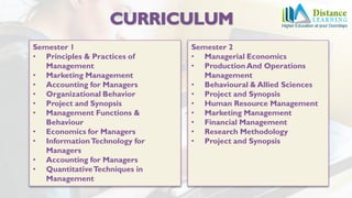 Semester 1
• Principles & Practices of
Management
• Marketing Management
• Accounting for Managers
• Organizational Behavior
• Project and Synopsis
• Management Functions &
Behaviour
• Economics for Managers
• InformationTechnology for
Managers
• Accounting for Managers
• QuantitativeTechniques in
Management
Semester 2
• Managerial Economics
• ProductionAnd Operations
Management
• Behavioural & Allied Sciences
• Project and Synopsis
• Human Resource Management
• Marketing Management
• Financial Management
• Research Methodology
• Project and Synopsis
 