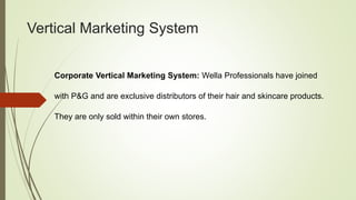Vertical Marketing System
Corporate Vertical Marketing System: Wella Professionals have joined
with P&G and are exclusive distributors of their hair and skincare products.
They are only sold within their own stores.
 
