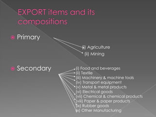    Primary
                   (i) Agriculture
                    (ii) Mining


   Secondary   (i) Food and beverages
                (ii) Textile
                (iii) Machinery & machine tools
                (iv) Transport equipment
                (v) Metal & metal products
                (vi) Electrical goods
                (vii) Chemical & chemical products
                (viii) Paper & paper products
                (ix) Rubber goods
                (x) Other Manufacturing
 