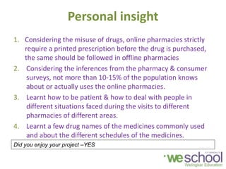 Personal insight
1. Considering the misuse of drugs, online pharmacies strictly
require a printed prescription before the drug is purchased,
the same should be followed in offline pharmacies
2. Considering the inferences from the pharmacy & consumer
surveys, not more than 10-15% of the population knows
about or actually uses the online pharmacies.
3. Learnt how to be patient & how to deal with people in
different situations faced during the visits to different
pharmacies of different areas.
4. Learnt a few drug names of the medicines commonly used
and about the different schedules of the medicines.
Did you enjoy your project –YES
 