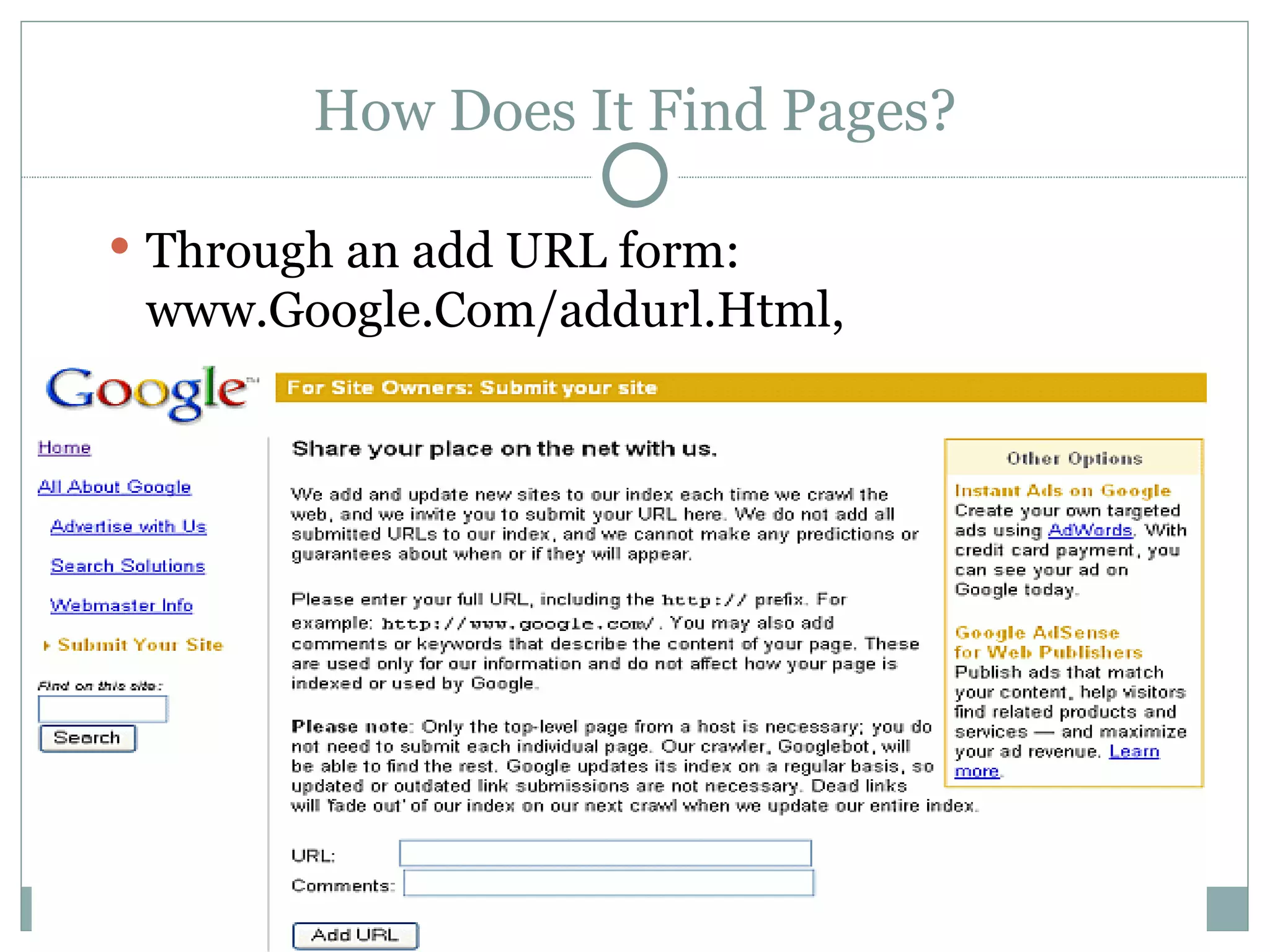How Does It Find Pages? Through an add URL form:  www.Google.Com/addurl.Html,  