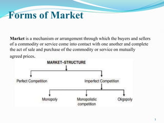Forms of Market
Market is a mechanism or arrangement through which the buyers and sellers
of a commodity or service come into contact with one another and complete
the act of sale and purchase of the commodity or service on mutually
agreed prices.
3
 