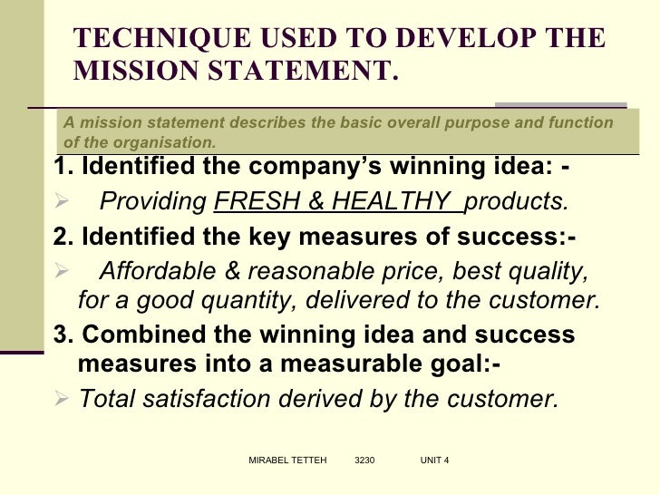 Developing a Mission and Vision Statement (A Sandwich company)