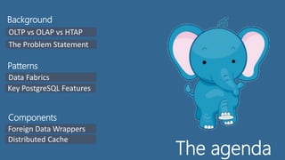 The agenda
OLTP vs OLAP vs HTAP
The Problem Statement
Data Fabrics
Key PostgreSQL Features
Foreign Data Wrappers
Distributed Cache
Background
Patterns
Components
 