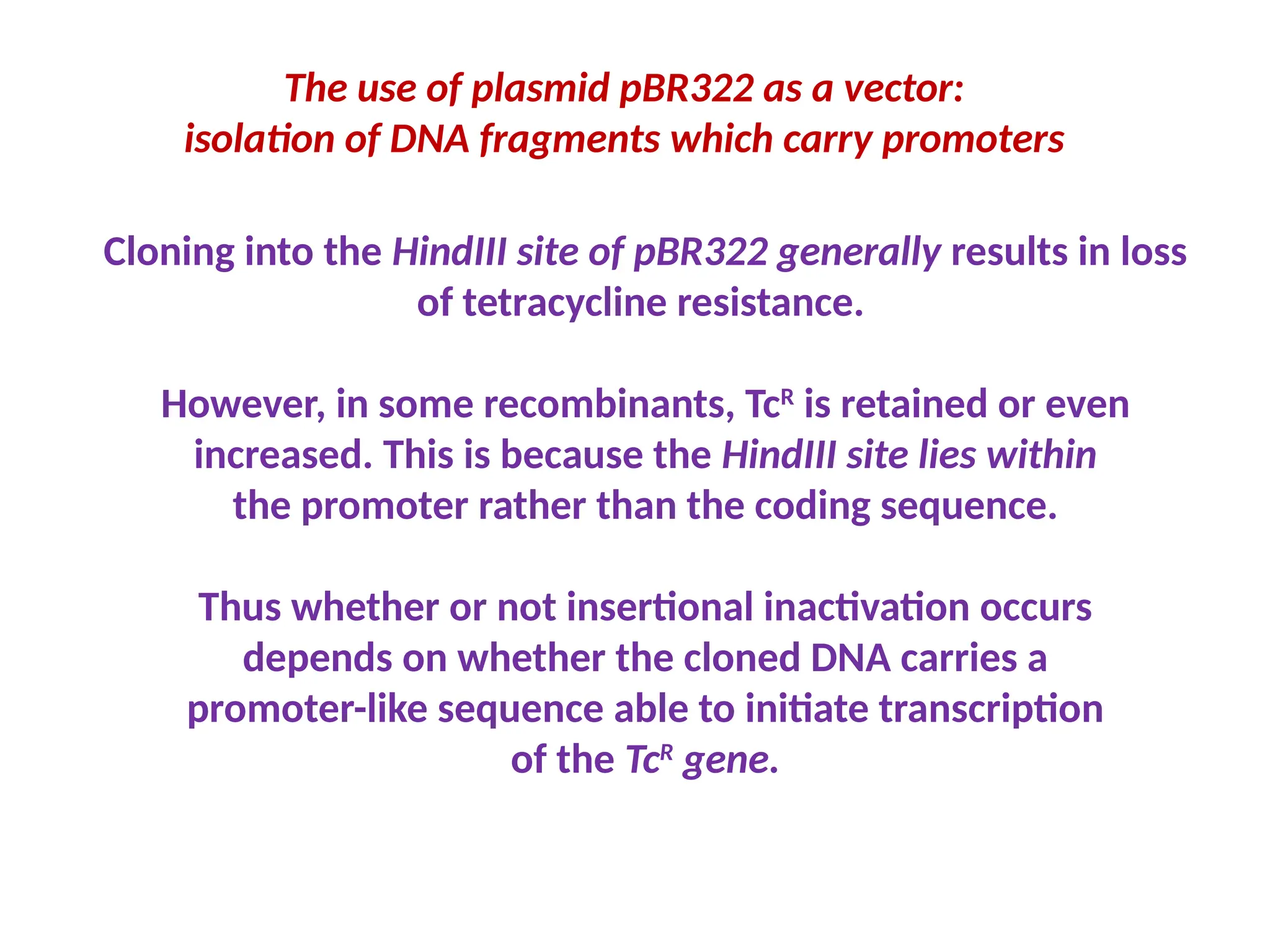 The use of plasmid pBR322 as a vector:
isolation of DNA fragments which carry promoters
Cloning into the HindIII site of pBR322 generally results in loss
of tetracycline resistance.
However, in some recombinants, TcR
is retained or even
increased. This is because the HindIII site lies within
the promoter rather than the coding sequence.
Thus whether or not insertional inactivation occurs
depends on whether the cloned DNA carries a
promoter-like sequence able to initiate transcription
of the TcR
gene.
 