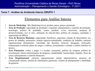 Pontifícia Universidade Católica de Minas Gerais – PUC Minas Administração – Planejamento e Gestão Estratégica - 1º./2011 Tema 7 - Análise do Ambiente Interno GRUPO 1 Elementos para Análise Interna Área de Marketing :  Mix Marketing (4 os): produto, preço, praça e promoção Área de Produção : capacidade de produção e expansão, planejamento e controle da produção, tecnologia, política de qualidade, custos, produzir  versus  terceirizar, pesquisa & desenvolvimento,  just in time , utilização da mão-de-obra, política de estoques, expedição e organização da fábrica. Área de Recursos Humanos : capacitação, benefícios, segurança, rotação de funcionários nos postos de trabalho, promoções, relação superior-subordinado, condições de trabalho, estrutura organizacional, absenteísmo, velocidade das decisões, turnover, delegação, motivação, remuneração (variável), plano de cargos e salários, recrutamento e seleção e critério familiar ou técnico. Área Financeira : contas a pagar e a receber, orçamento, política de compras, política de investimento, fatores determinantes de despesas, rentabilidade, lucratividade, liquidez, fluxo de caixa e planejamento e controle financeiro. Área Organizacional : estrutura organizacional, rotinas administrativas, processo de comunicação interna, sistema de informações gerenciais, sistema de planejamento e habilidade da gerência.  Fonte:  http://www.faad.icsa.ufpa.br/admead/documentos/submetidos/Unidade3p.pdf 