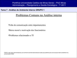Problemas Comuns na Análise interna Pontifícia Universidade Católica de Minas Gerais – PUC Minas Administração – Planejamento e Gestão Estratégica - 1º./2011 Tema 7 - Análise do Ambiente Interno GRUPO 1 Falta de comunicação entre departamentos Baixa moral e motivação dos funcionários Problemas relacionados a TI  FONTE: http://www.administradores.com.br/informe-se/informativo/estudo-revela-que-problemas-de-comunicacao-interna-interferem-na-produtividade/19002/ 