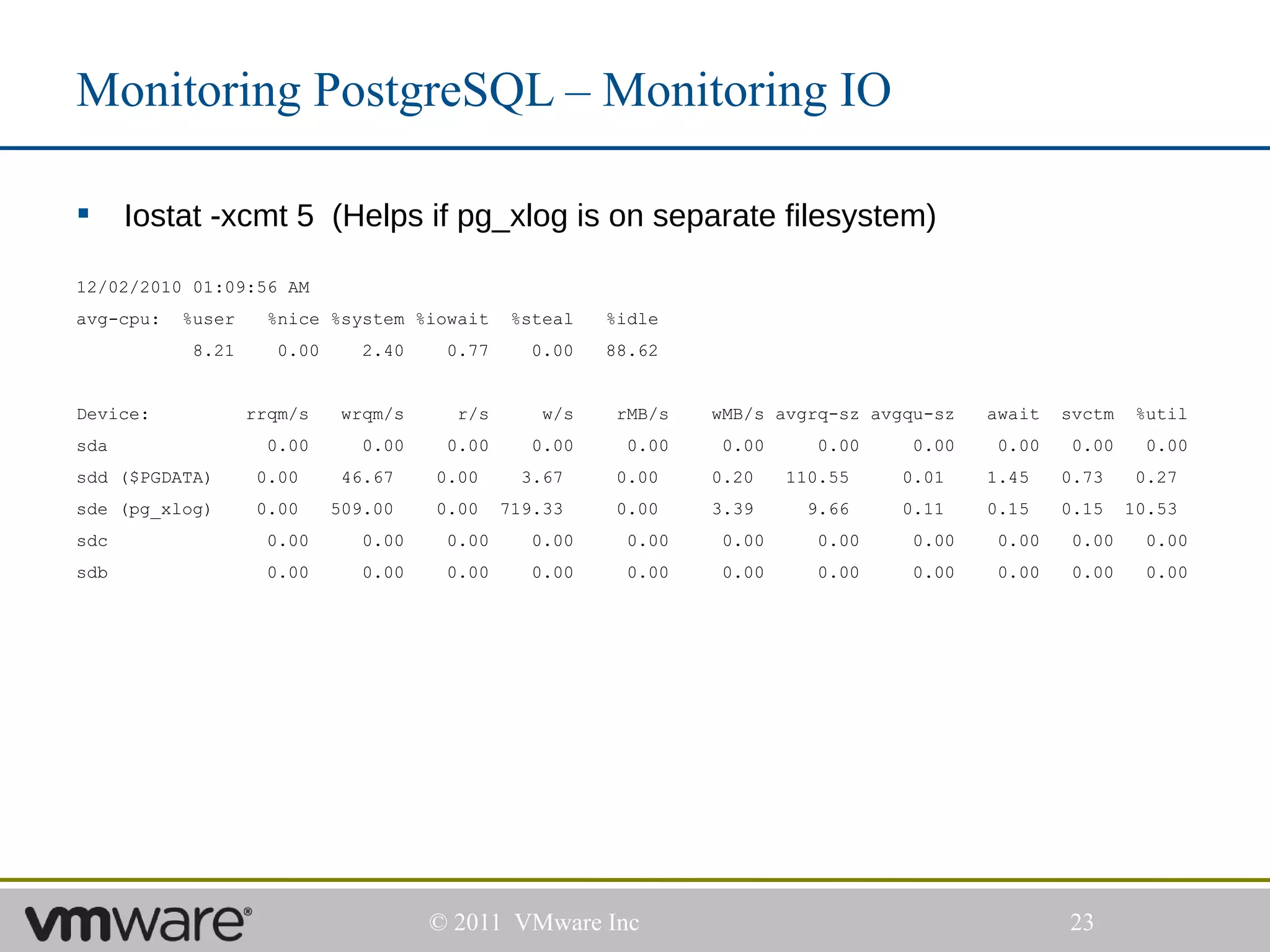 Monitoring PostgreSQL – Monitoring IO

     Iostat -xcmt 5 (Helps if pg_xlog is on separate filesystem)

12/02/2010 01:09:56 AM
avg-cpu:   %user     %nice %system %iowait     %steal   %idle
           8.21      0.00     2.40     0.77     0.00    88.62


Device:            rrqm/s    wrqm/s     r/s       w/s    rMB/s   wMB/s avgrq-sz avgqu-sz   await   svctm    %util
sda                  0.00      0.00    0.00      0.00     0.00    0.00     0.00     0.00   0.00     0.00     0.00
sdd ($PGDATA)       0.00     46.67    0.00      3.67     0.00    0.20    110.55    0.01    1.45    0.73     0.27
sde (pg_xlog)       0.00    509.00    0.00    719.33     0.00    3.39      9.66    0.11    0.15    0.15    10.53
sdc                  0.00      0.00    0.00      0.00     0.00    0.00     0.00     0.00   0.00     0.00     0.00
sdb                  0.00      0.00    0.00      0.00     0.00    0.00     0.00     0.00   0.00     0.00     0.00




                                      © 2011 VMware Inc                                            23
 