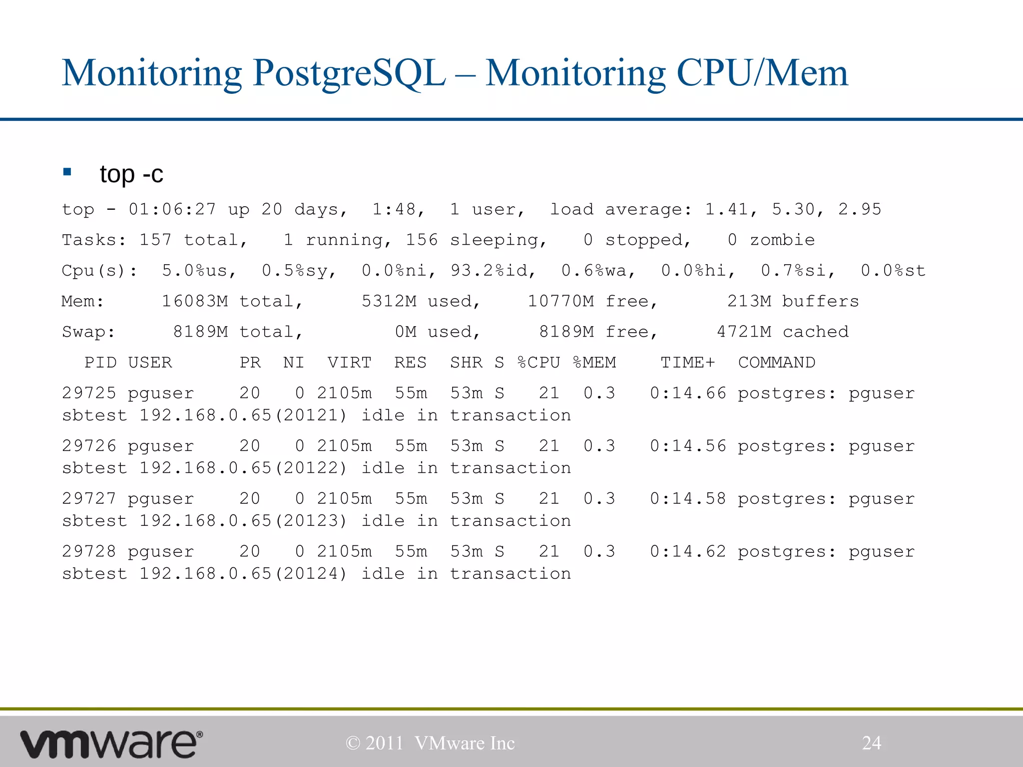 Monitoring PostgreSQL – Monitoring CPU/Mem

    top -c
top - 01:06:27 up 20 days,         1:48,    1 user,    load average: 1.41, 5.30, 2.95
Tasks: 157 total,         1 running, 156 sleeping,       0 stopped,       0 zombie
Cpu(s):    5.0%us,     0.5%sy,    0.0%ni, 93.2%id,      0.6%wa,     0.0%hi,    0.7%si,   0.0%st
Mem:       16083M total,          5312M used,        10770M free,         213M buffers
Swap:          8189M total,           0M used,        8189M free,        4721M cached
    PID USER         PR   NI   VIRT   RES   SHR S %CPU %MEM       TIME+       COMMAND
29725 pguser    20   0 2105m 55m 53m S     21 0.3                 0:14.66 postgres: pguser
sbtest 192.168.0.65(20121) idle in transaction
29726 pguser    20   0 2105m 55m 53m S     21 0.3                 0:14.56 postgres: pguser
sbtest 192.168.0.65(20122) idle in transaction
29727 pguser    20   0 2105m 55m 53m S     21 0.3                 0:14.58 postgres: pguser
sbtest 192.168.0.65(20123) idle in transaction
29728 pguser    20   0 2105m 55m 53m S     21 0.3                 0:14.62 postgres: pguser
sbtest 192.168.0.65(20124) idle in transaction




                                 © 2011 VMware Inc                                       24
 