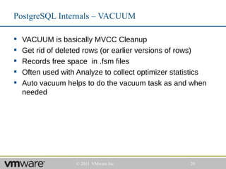 PostgreSQL Internals – VACUUM

   VACUUM is basically MVCC Cleanup
   Get rid of deleted rows (or earlier versions of rows)
   Records free space in .fsm files
   Often used with Analyze to collect optimizer statistics
   Auto vacuum helps to do the vacuum task as and when
    needed




                    © 2011 VMware Inc                 20
 