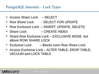 PostgreSQL Internals – Lock Types

 Access Share Lock – SELECT
 Row Share Lock      - SELECT FOR UPDATE
 Row Exclusive Lock – INSERT, UPDATE, DELETE
 Share Lock          – CREATE INDEX
 Share Row Exclusive Lock – EXCLUSIVE MODE but
  allows ROW SHARE LOCK
 Exclusive Lock     – Blocks even Row Share Lock
 Access Exclusive Lock – ALTER TABLE, DROP TABLE,
  VACUUM and LOCK TABLE




                © 2011 VMware Inc            21
 