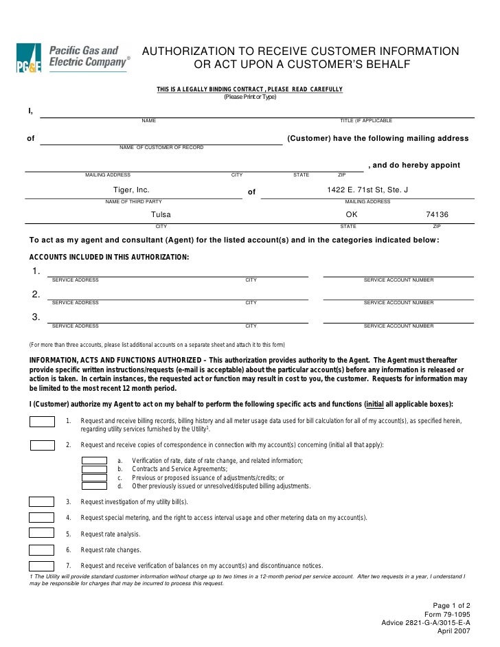 authorization letter electric bill pge electric authorization form authorization letter electric bill pge electric authorization form