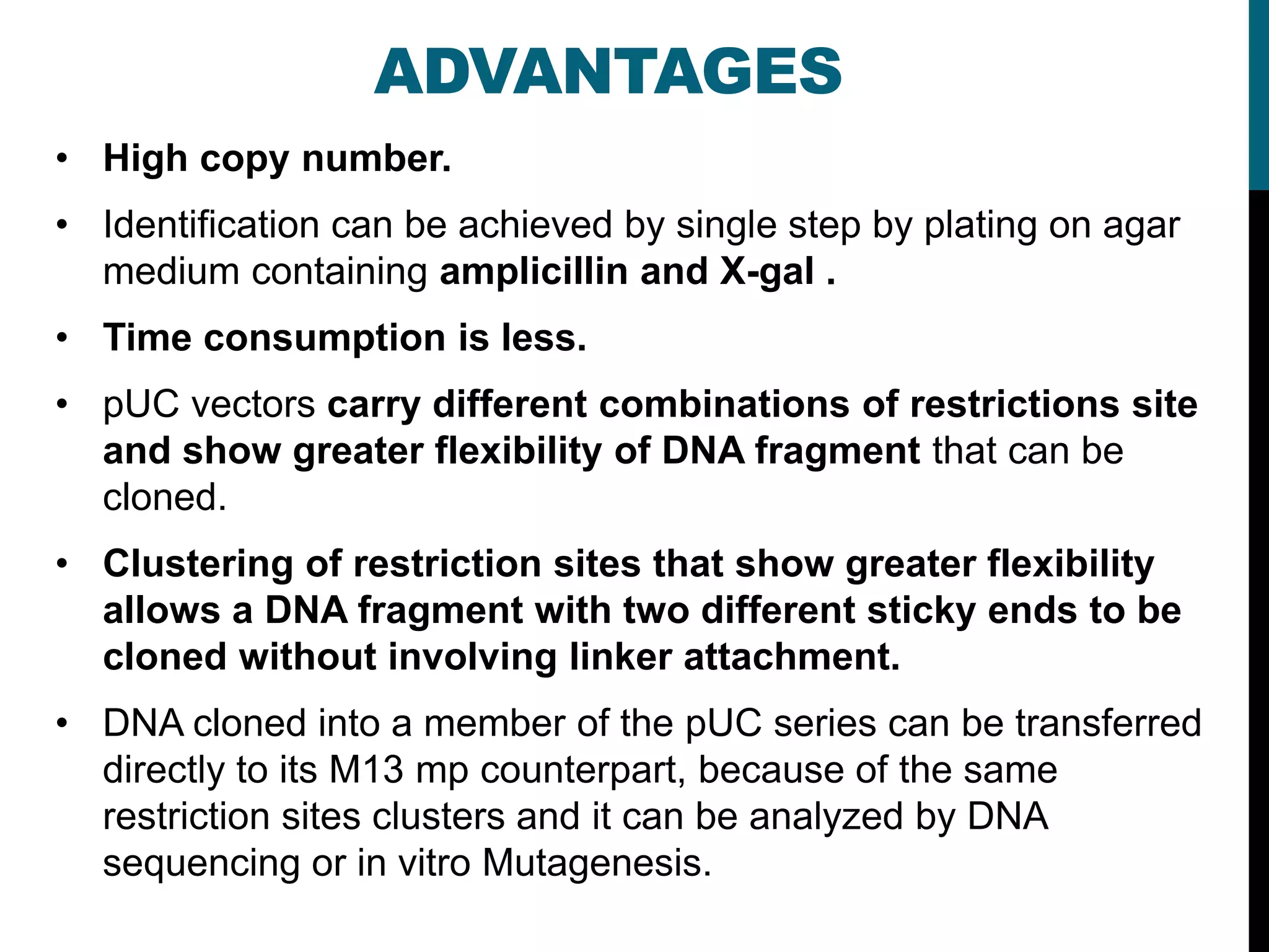 ADVANTAGES
• High copy number.
• Identification can be achieved by single step by plating on agar
medium containing amplicillin and X-gal .
• Time consumption is less.
• pUC vectors carry different combinations of restrictions site
and show greater flexibility of DNA fragment that can be
cloned.
• Clustering of restriction sites that show greater flexibility
allows a DNA fragment with two different sticky ends to be
cloned without involving linker attachment.
• DNA cloned into a member of the pUC series can be transferred
directly to its M13 mp counterpart, because of the same
restriction sites clusters and it can be analyzed by DNA
sequencing or in vitro Mutagenesis.