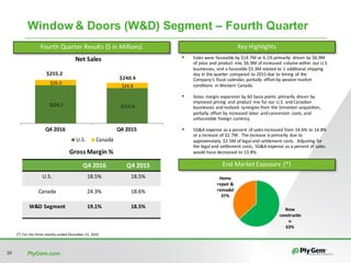 PlyGem.com10
Window & Doors (W&D) Segment – Fourth Quarter
Fourth	Quarter	Results	($	in	Millions)
$229.2	 $215.6	
$26.0	
$24.8	
Q4	2016 Q4	2015
Net	Sales
U.S. Canada
$240.4
$255.2
Q4	2016 Q4	2015
U.S. 18.5% 18.5%
Canada 24.3% 18.6%
W&D	Segment 19.1% 18.5%
Gross	Margin	%
Key	Highlights
• Sales	were	favorable	by	$14.7M	or	6.1%	primarily	 driven	by	$6.9M	
of	price	and	product	 mix,	$6.9M	of	increased	 volume	within	 our	U.S.	
businesses,	and	a	favorable	$3.3M	related	to	1	additional	shipping	
day	in	the	quarter	 compared	 to	2015	due	to	timing	of	the	
Company’s	fiscal	calendar,	partially	 offset	by	weaker	market	
conditions	 in	Western	Canada.	
• Gross	margin	expansion by	60	basis	points	 primarily	driven	by	
improved	pricing	 and	product	 mix	for	our	U.S.	and	Canadian	
businesses	and	realized	 synergies	from	the	Simonton	acquisition,	
partially	offset	by	increased	labor	 and	conversion costs,	and	
unfavorable	foreign	currency.	
• SG&A	expense	as	a	percent	 of	sales	increased	from	14.6%	to	14.8%	
or	a	increase	of	$2.7M.		The	increase	is	primarily	due	to	
approximately	 $2.5M	of	legal	and	settlement	costs.		Adjusting	for	
the	legal	and	settlement	costs,	 SG&A	expense	as	a	percent	of	sales	
would	have	decreased	to	13.8%.
End	Market	Exposure	(*)
New	
constructio
n
63%
Home	
repair	&	
remodel
37%
(*)	For	the	three	months	ended	December	31,	2016
 