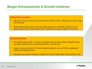 PlyGem.com19
Margin Enhancements & Growth Initiatives
Selling	Price	Increases
ü W&D	Q1	2017	price	increases	were	announced	in	October	2016.		Selling	price	increases	range	
from	6%	to	8%
ü SFS	December	2016	price	increases	have	been	announced	in	November	2016	for	the	U.S.	
siding	products	due	to	rising	material	costs.		Selling	price	increases	range	from	6%	to	8%
Growth	Initiatives
ü Cross	Selling	Opportunities	 – Continue	to	integrate	our	extensive	product	categories	across	
our	legacy	customer	base	and	acquired	Simonton	customer	base
ü Expand	market	penetration	of	Ply	Gem’s	adjacent	products	such	as	PVC	trim,	engineered	
roofing	and	engineered	stone
ü Continued	new	product	innovation	through	the	Ply	Gem	Insight	Center	and	Foundation	Labs
 