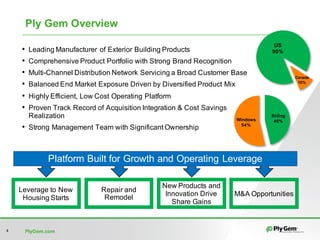 PlyGem.com4
Ply Gem Overview
• Leading Manufacturer of Exterior Building Products
• Comprehensive Product Portfolio with Strong Brand Recognition
• Multi-Channel Distribution Network Servicing a Broad Customer Base
• Balanced End Market Exposure Driven by Diversified Product Mix
• Highly Efficient, Low Cost Operating Platform
• Proven Track Record of Acquisition Integration & Cost Savings
Realization
• Strong Management Team with Significant Ownership
Platform Built for Growth and Operating Leverage
Repair and
Remodel
Leverage to New
Housing Starts
New Products and
Innovation Drive
Share Gains
M&A Opportunities
US
90%
Canada
10%
Siding
46%Windows
54%
 