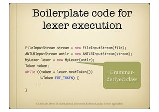 (C) 2010-2013 Prof. Dr. Ralf Lämmel, Universität Koblenz-Landau (where applicable)
Boilerplate code for
lexer execution
	 	 FileInputStream stream = new FileInputStream(file);
	 	 ANTLRInputStream antlr = new ANTLRInputStream(stream);
	 	 MyLexer lexer = new MyLexer(antlr);
	 	 Token token;
	 	 while ((token = lexer.nextToken())
	 	 	 	 !=Token.EOF_TOKEN) {
...
}
Grammar-
derived class
 