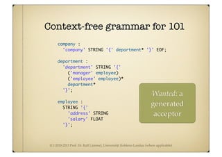 (C) 2010-2013 Prof. Dr. Ralf Lämmel, Universität Koblenz-Landau (where applicable)
company :
'company' STRING '{' department* '}' EOF;
department :
'department' STRING '{'
('manager' employee)
('employee' employee)*
department*
'}';
employee :
STRING '{'
'address' STRING
'salary' FLOAT
'}';
Wanted: a
generated
acceptor
Context-free grammar for 101
 