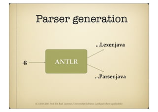(C) 2010-2013 Prof. Dr. Ralf Lämmel, Universität Koblenz-Landau (where applicable)
Parser generation
.g
...Lexer.java
...Parser.java
ANTLR
 