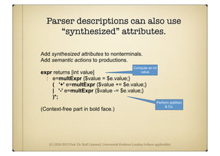 (C) 2010-2013 Prof. Dr. Ralf Lämmel, Universität Koblenz-Landau (where applicable)
Parser descriptions can also use
“synthesized” attributes.
Add synthesized attributes to nonterminals.
Add semantic actions to productions.
expr returns [int value]
: e=multExpr {$value = $e.value;}
( '+' e=multExpr {$value += $e.value;}
| '-' e=multExpr {$value -= $e.value;}
)*;
(Context-free part in bold face.)
Compute an int
value
Perform addition
& Co.
 