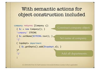 (C) 2010-2013 Prof. Dr. Ralf Lämmel, Universität Koblenz-Landau (where applicable)
With semantic actions for
object construction included
company returns [Company c]:
{ $c = new Company(); }
'company' STRING
{ $c.setName($STRING.text); }
'{'
( topdept= department
{ $c.getDepts().add($topdept.d); }
)*
'}'
;
Construct company object.
Set name of company.
Add all departments.
 