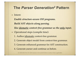 (C) 2010-2013 Prof. Dr. Ralf Lämmel, Universität Koblenz-Landau (where applicable)
The Parser Generation2 Pattern
Intent:
Enable structure-aware OO programs.
Build AST objects along parsing.
Use idomatic context-free grammar as the only input.
Operational steps (compile time):
1. Author idiomatic context-free grammar.
2. Generate object model from context-free grammar.
3. Generate enhanced grammar for AST construction.
4. Generate parser and continue as before.
 