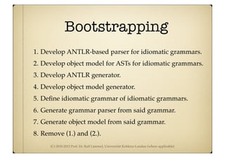 (C) 2010-2013 Prof. Dr. Ralf Lämmel, Universität Koblenz-Landau (where applicable)
Bootstrapping
1. Develop ANTLR-based parser for idiomatic grammars.
2. Develop object model for ASTs for idiomatic grammars.
3. Develop ANTLR generator.
4. Develop object model generator.
5. Deﬁne idiomatic grammar of idiomatic grammars.
6. Generate grammar parser from said grammar.
7. Generate object model from said grammar.
8. Remove (1.) and (2.).
 