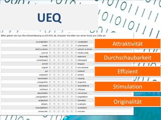 UEQ
         Attraktivität

      Durchschaubarkeit

           Effizient

         Stimulation

         Originalität
 