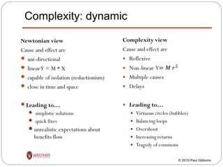 Complexity: dynamic
Newtonian view
Cause and effect are
 uni-directional
 linear Y = M * X
 capable of isolation (reductionism)
 close in time and space
Leading to…
 simplistic solutions
 quick fixes

 unrealistic expectations about

benefits flow

© 2010 Paul Gibbons

 
